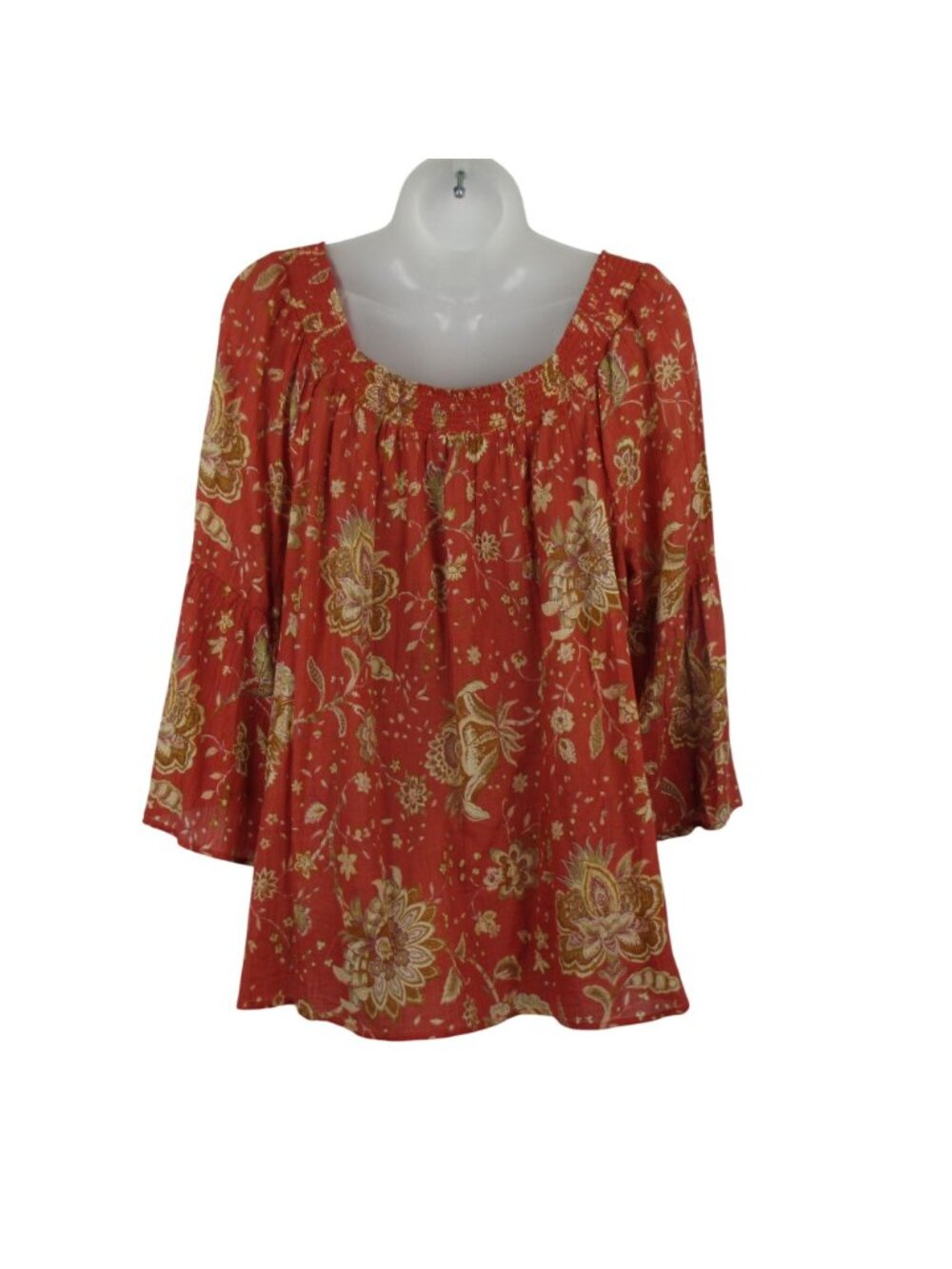 Chaps Peasant Top On or Off-Shoulder Rust Floral Size XL Cotton Bell Sleeve - Picture 3 of 6
